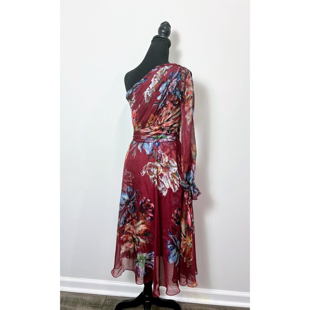 Marchesa Notte Floral Printed Cocktail Dress Burgundy Size 0 One Shoulder Lined - Picture 2 of 8